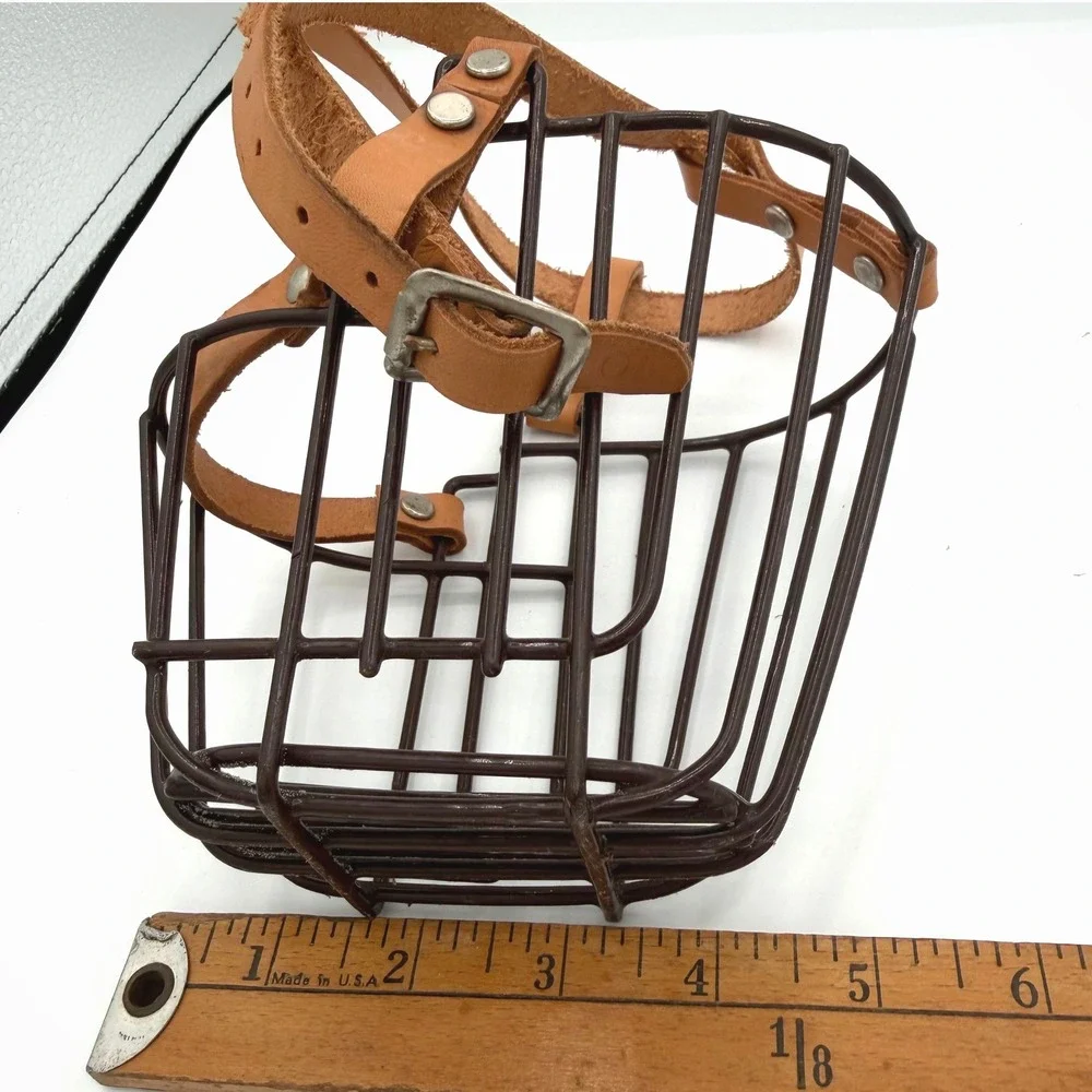 Vintage Wire Basket Dog Muzzle Leather Straps Metal Cage Adjustable Primitive